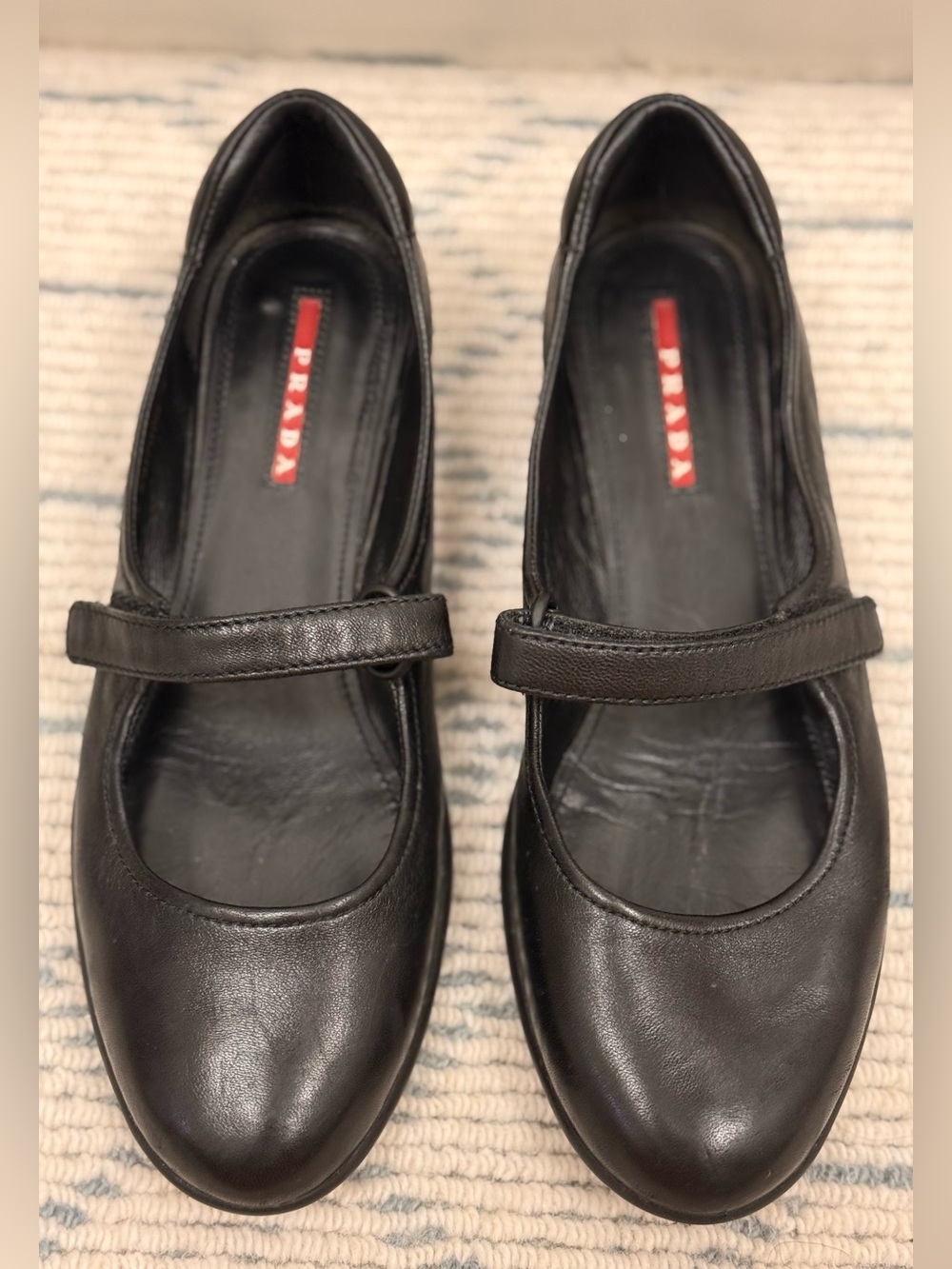 Archival PRADA SPORT Y2K Black Leather Mary Jane Flats Linea Rossa Red Stripe 37 - Picture 3 of 16